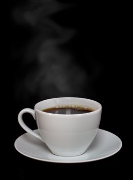 Cup of hot coffee with steam over black background 