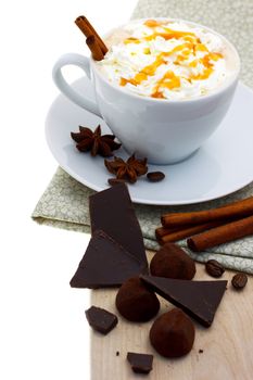 Coffee break - cup of coffee with chocolates