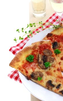 Mushroom pizza on red checkered kitchen cloth