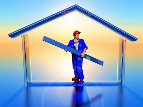 a worker inside a house shape in 3D rendering