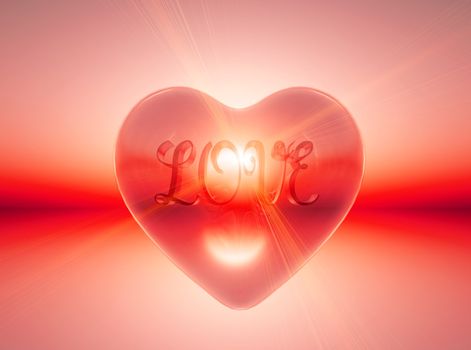 The word love inside a transparent heart with sunlight in the background