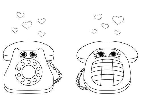 Valentines cartoon: desktop phones, enamoured each other, communicate calls, contours.