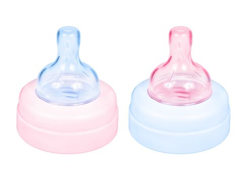 Baby bottle cap pink and blue pacifier. Isolated on white background