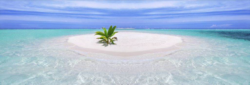 Beautiful tropical crystal clear sea with sandy island and vegetation