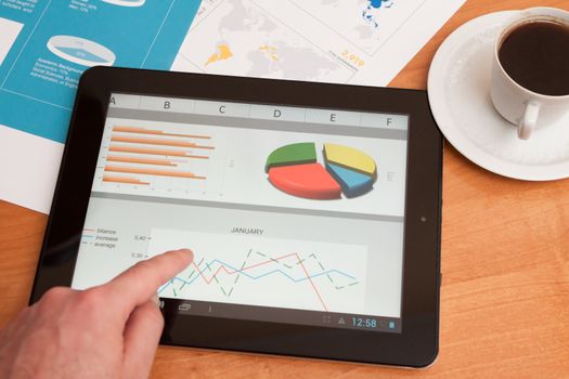 Desktop in stock exchange office with a tablet pc showing stock market chart. 