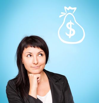 Beautiful young woman think about money on blue background