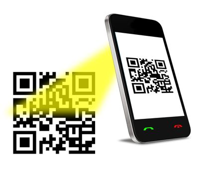 Mobil phone reading QR code. Isolated on white.