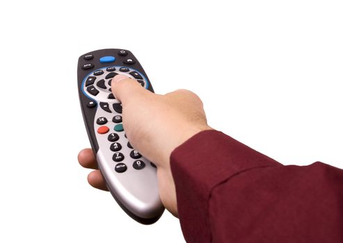 Remote controller in a hand on white background.