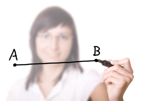 Woman drawing a line from point A to point B (selective focus). Businesswoman with pen in virtual whiteboard.