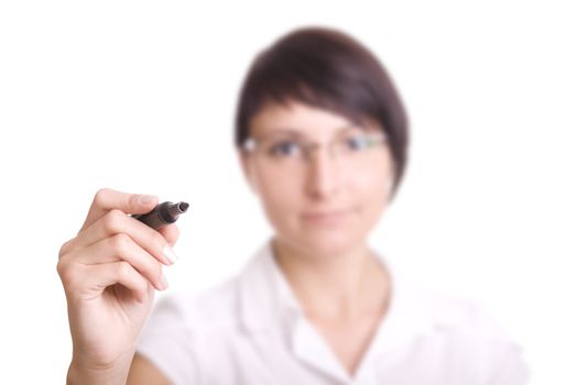 young businesswoman with pen in front of a virtual whiteboard. Focus on pencil. 