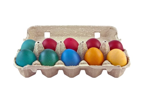 Colorful easter eggs in egg carton isolated on white
