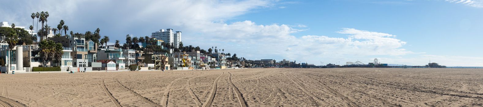 SANTA MONICA, CALIFORNIA - DECEMBER 13: Wide panorama of beachfront and beach of Santa Monica on December 13, 2012.