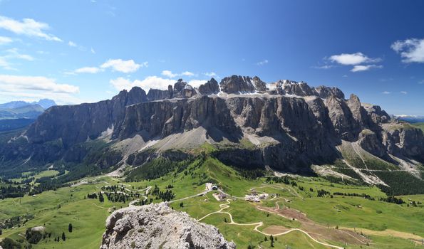 aerial view of Gardena pass and Sella goup, Italian Dolomites