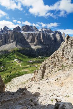 summer landscape and Sella mount and Gardena pass from Cir group, Italian Dolomites