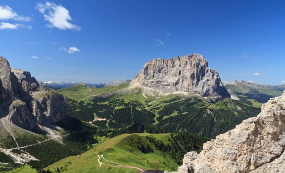 aerial view of Gardena pass and Sassolungo mount, Italian Dolomites