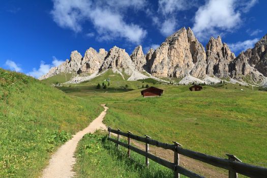 summer view of Cirspitzen montain from Gardena pass, Italian Dolomites