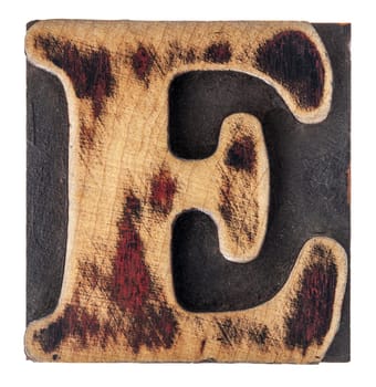 letter E in isolated vintage letterpress wood type printing block