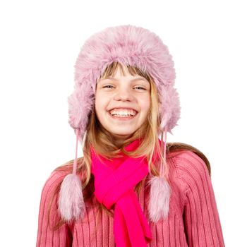 smiling girl in winter hat and scarf on a white background