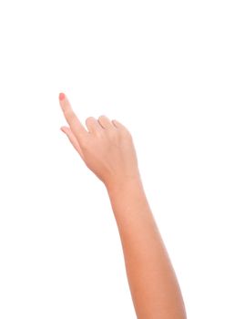 Hand simulating pressing a button. Isolated on white background