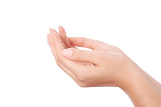 Beautiful woman hands with manicure isolated on white background.