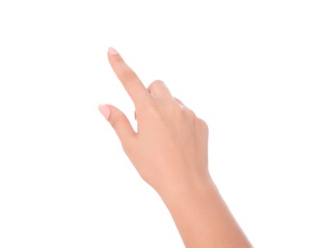 Hand simulating pressing a button. Isolated on white background