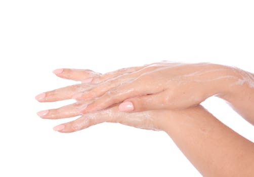 Hands in the foam of soap isolated on white background