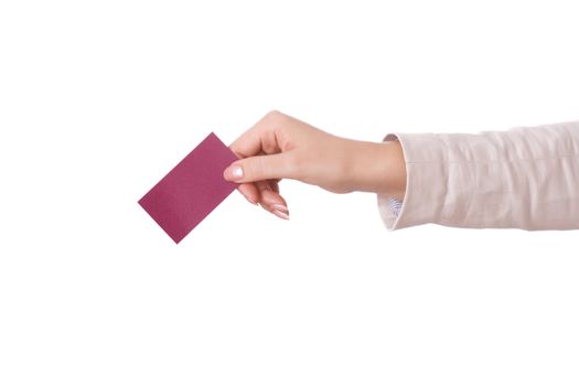woman's hand holding a business card isolated