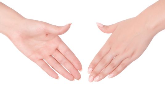 Woman palm on white background isolated