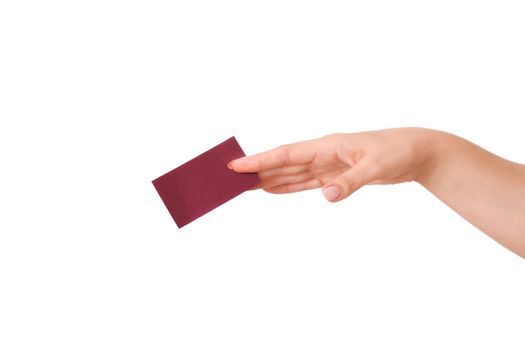 woman's hand holding a business card isolated