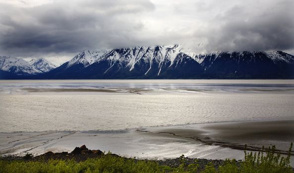 Snow Mountain Ocean Seward Highway Anchorage Alaska Overcast Skies Green Grass Low Tide
