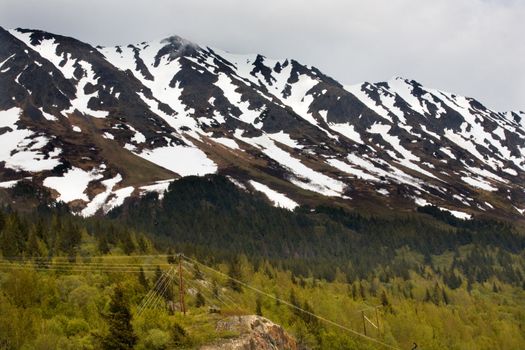 Snow Mountain Range, Seward Highway, Anchorage, Alaska Telephone Pole and Wires
