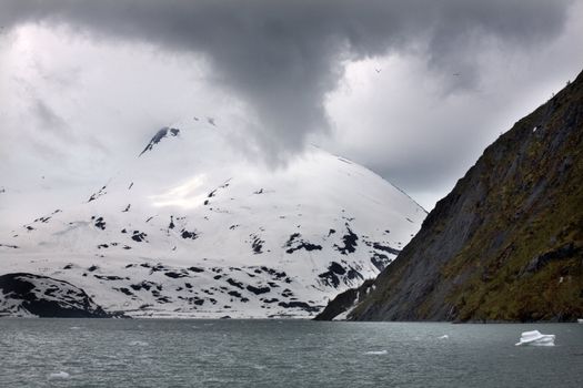 Portage Glacier Snow Mountain Under Overcast Sky Anchorage Alaska