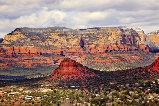 Chimney Rock Bear Mountain Orange Red Rock Canyon Houses, Shopping Malls, Blue Cloudy Sky Green Trees Snow West Sedona Arizona