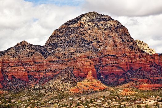 Capitol Butte Orange Red Rock Canyon Houses, Blue Cloudy Sky Green Trees Snow West Sedona Arizona