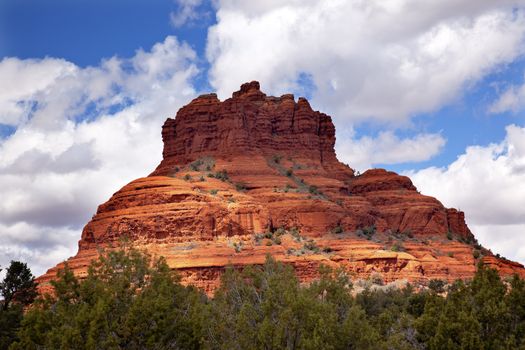 Bell Rock Butte Orange Red Rock Canyon Blue Cloudy Sky Green Trees Snow Sedona Arizona