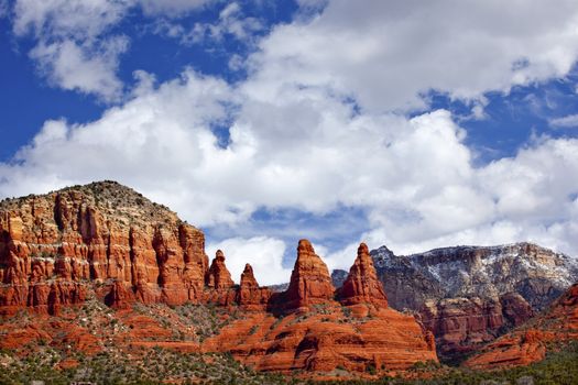 Madonna Nuns Orange Red Rock Canyon Big Blue Cloudy Sky Green Trees Snow Sedona Arizona