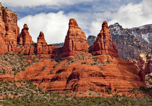 Madonna and Nuns Orange Red Rock Canyon House Green Trees Snow Sedona Arizona