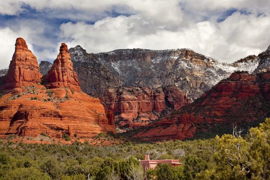 The Nuns Orange Red Rock Canyon House Green Trees Snow Sedona Arizona