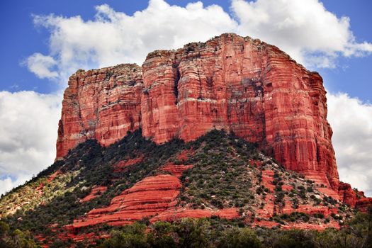 Court House Butte Orange Red Rock Canyon Green Trees Snow Sedona Arizona