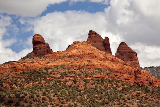 Snoopy Rock Butte Orange Red Rock Canyon Blue Cloudy Sky Green Trees Sedona Arizona