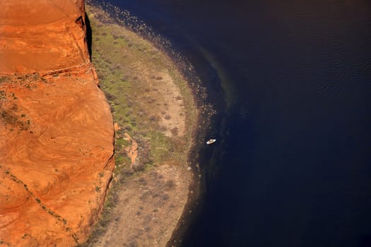 Small Fishing Boat Horseshoe Bend Orange Glen Canyon Overlook Blue Colorado River Entrenched Meander Page Arizona