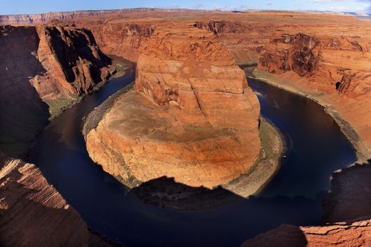 Horseshoe Bend Orange Glen Canyon Overlook Small Boat Blue Colorado River Entrenched Meander Page Arizona