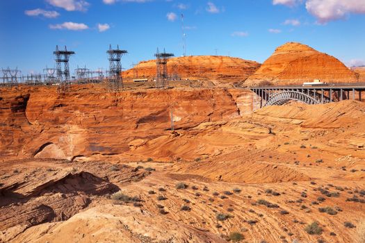 Glen Canyon Dam Electric Power Towers and Lines Arizona.  Orange Canyon