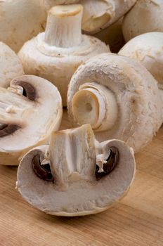 Perfect Raw Champignons closeup on Wooden background