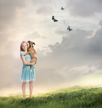 Young Blonde Girl with her Dog on a Magical Mountain