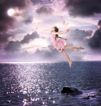 Little Blonde Girl Flying Into the Night Sky