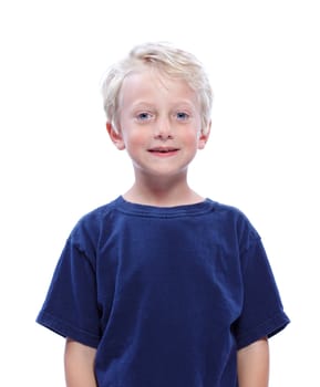 Happy Blonde Boy Smiling in Blue Shirt