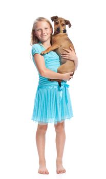 Young Girl in a Light Blue Dress Holding her Dog