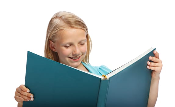 Little Blonde Girl Reading a Big Blue Book