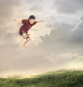 Happy Young Boy Jumping in the field